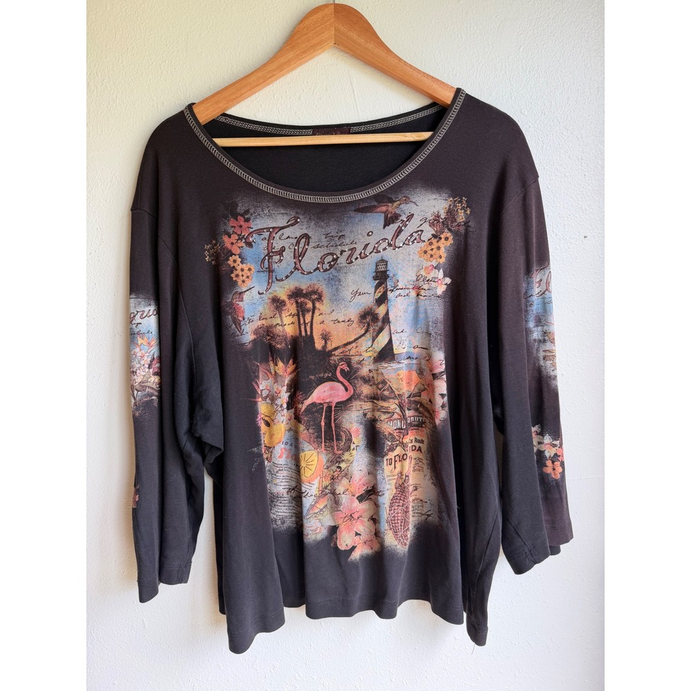 Flower N Ring Florida Flamingo Lighthouse Graphic Top Black Plus 1X Long Sleeve